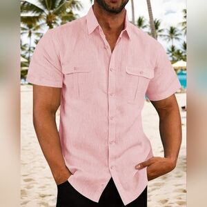 Men's Button Down Short Sleeve Linen Cotton Shirt, PINK, M